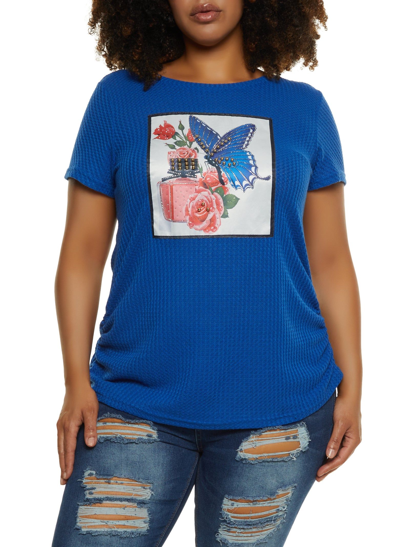 Plus Size Rhinestone Buttterfly Patch Graphic Tee sold by Rainbow