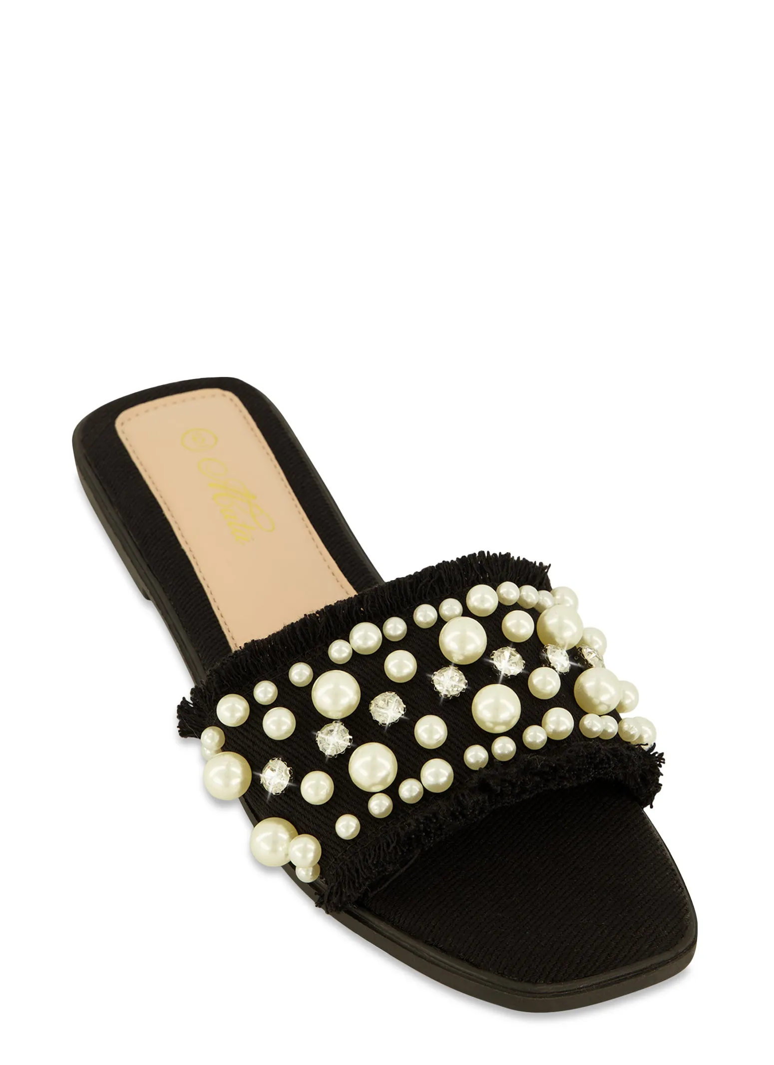 Frayed Faux Pearl Rhinestone Band Slide Sandals sold by Rainbow