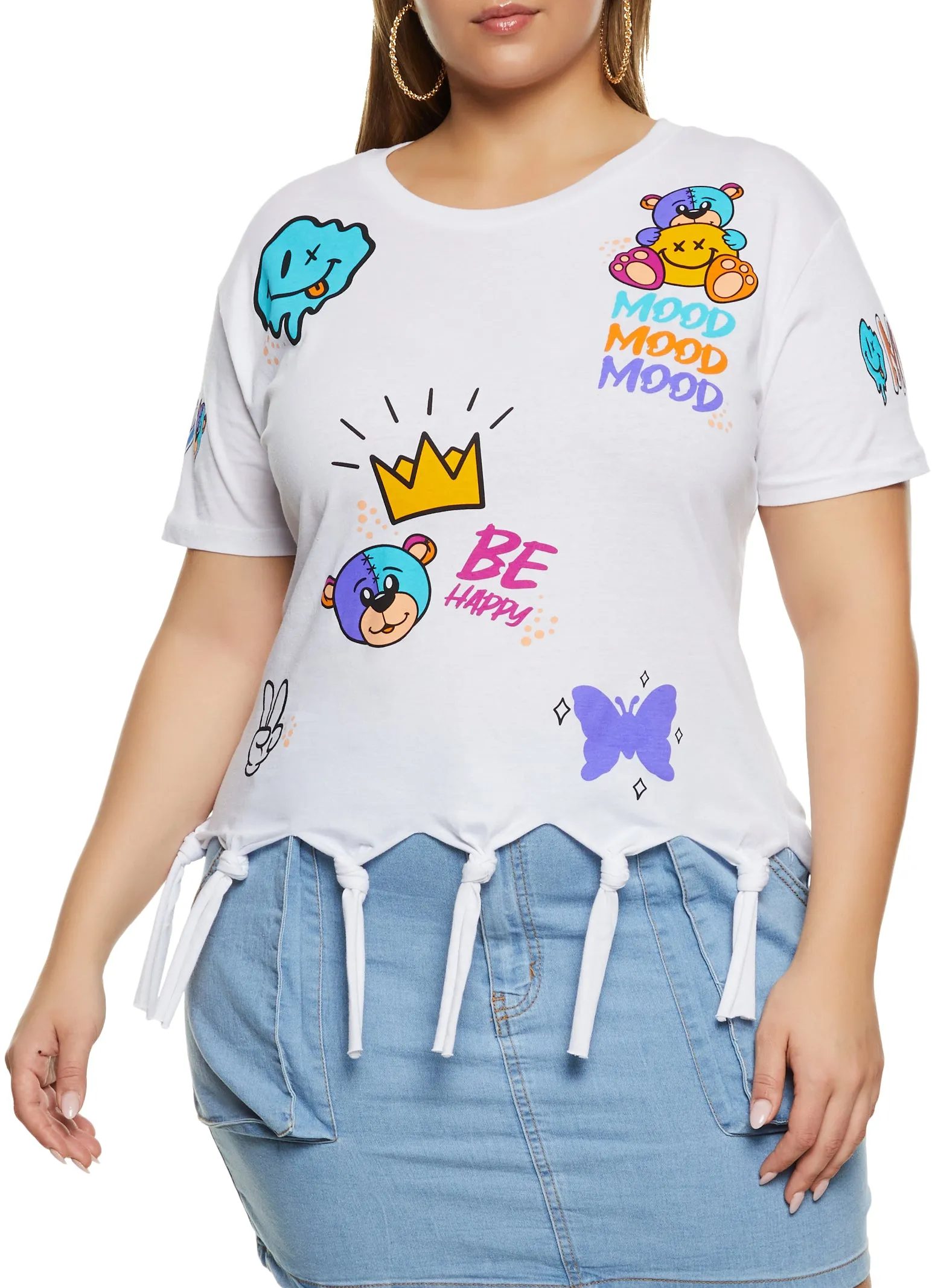 Plus Size Mood Be Happy Graphic Knot Fringe Tee sold by Rainbow
