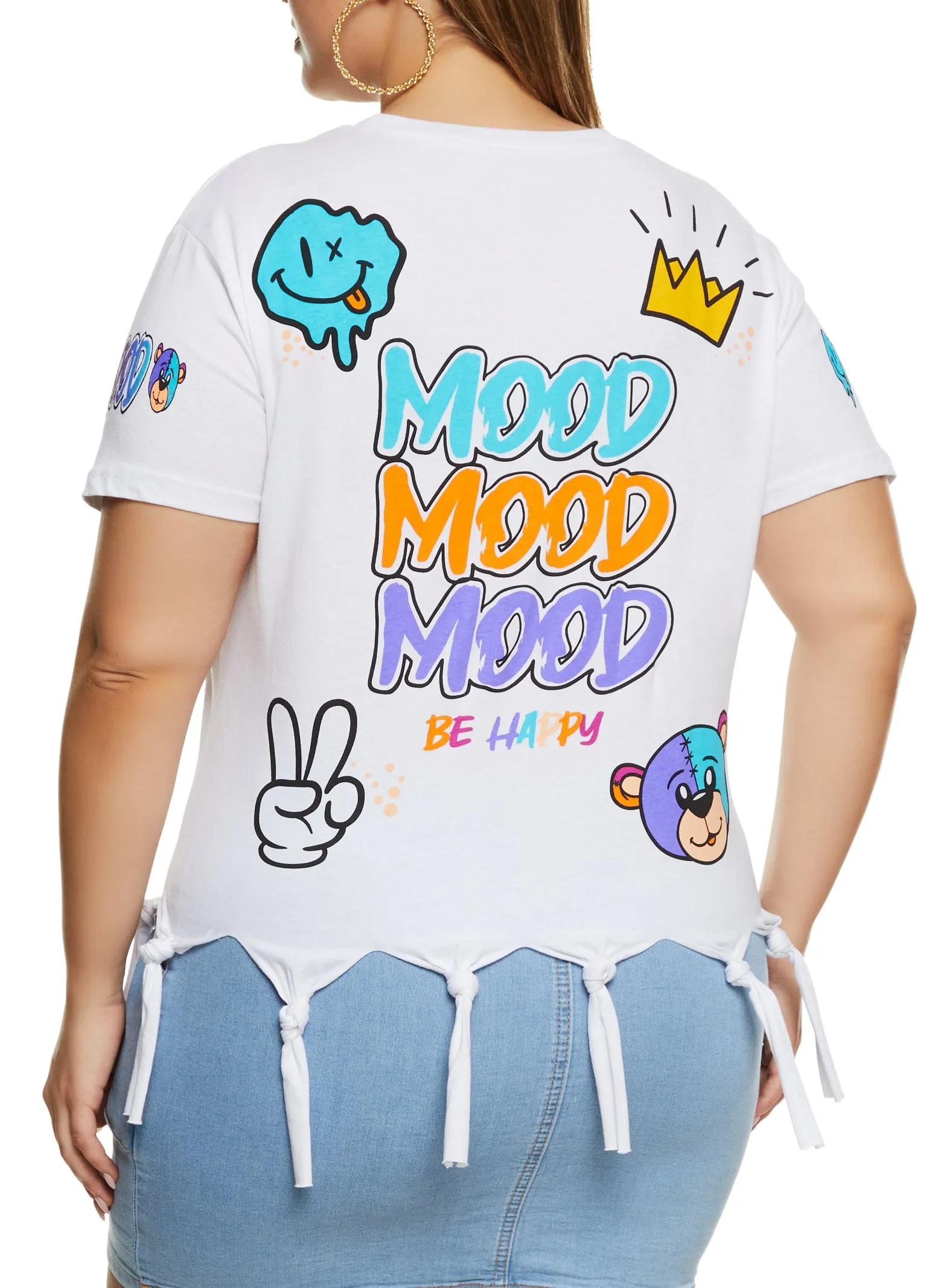 Plus Size Mood Be Happy Graphic Knot Fringe Tee sold by Rainbow product image thumbnail 3