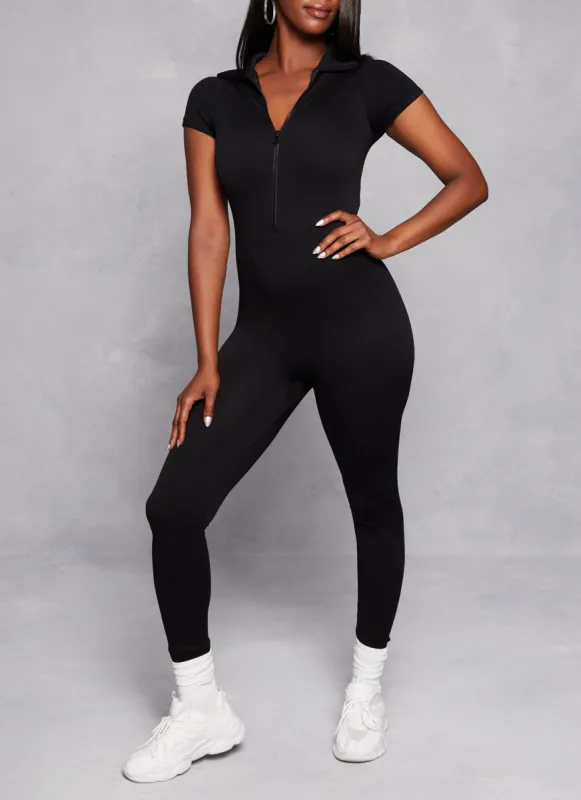 Seamless Ribbed Collared Zip Front Jumpsuit sold by Rainbow
