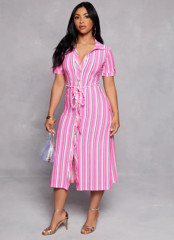 Striped Button Front Tie Waist Belted Shirt Dress sold by Rainbow