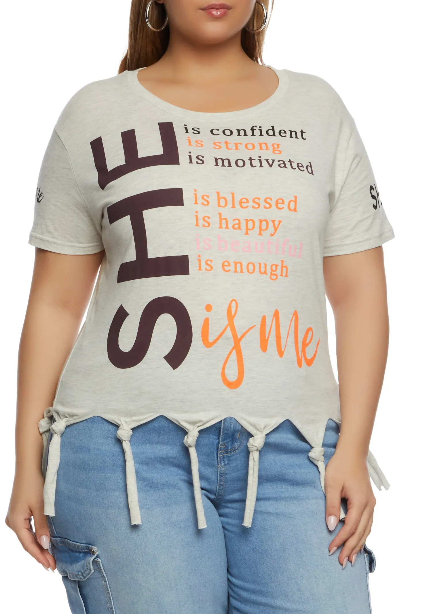 Plus Size She Is Me Graphic Knot Fringe Tee sold by Rainbow