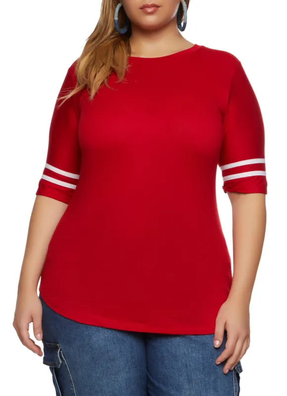 Plus Size Varsity Striped Sleeve T Shirt sold by Rainbow