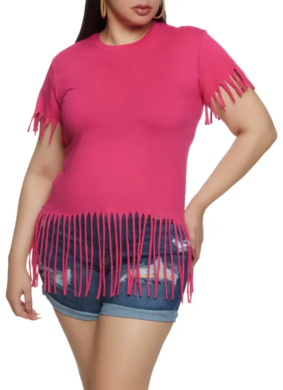 Plus Size Fringe Crew Neck T Shirt sold by Rainbow