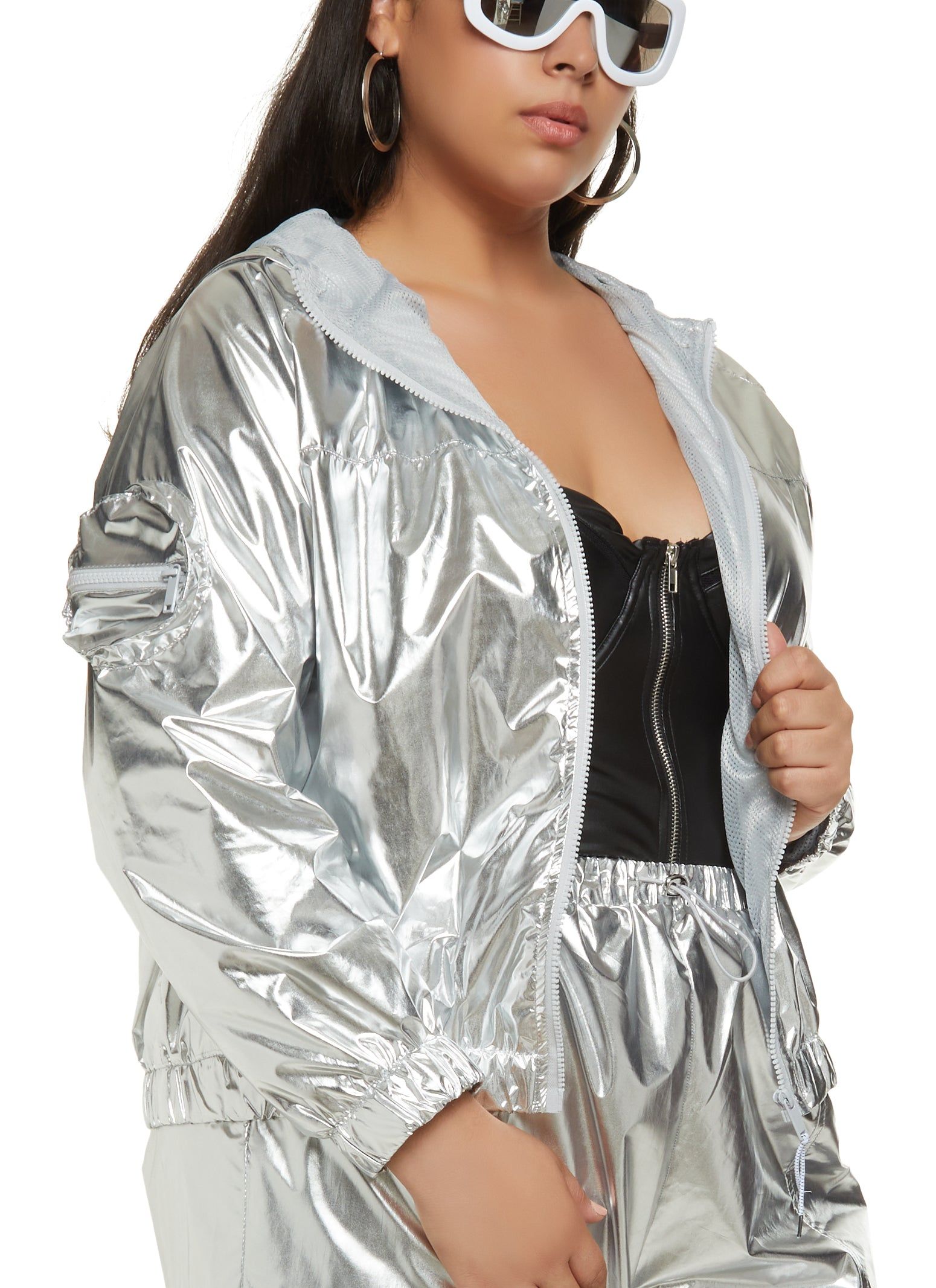 Plus Size Metallic Foiled Hooded Windbreaker Jacket sold by Rainbow