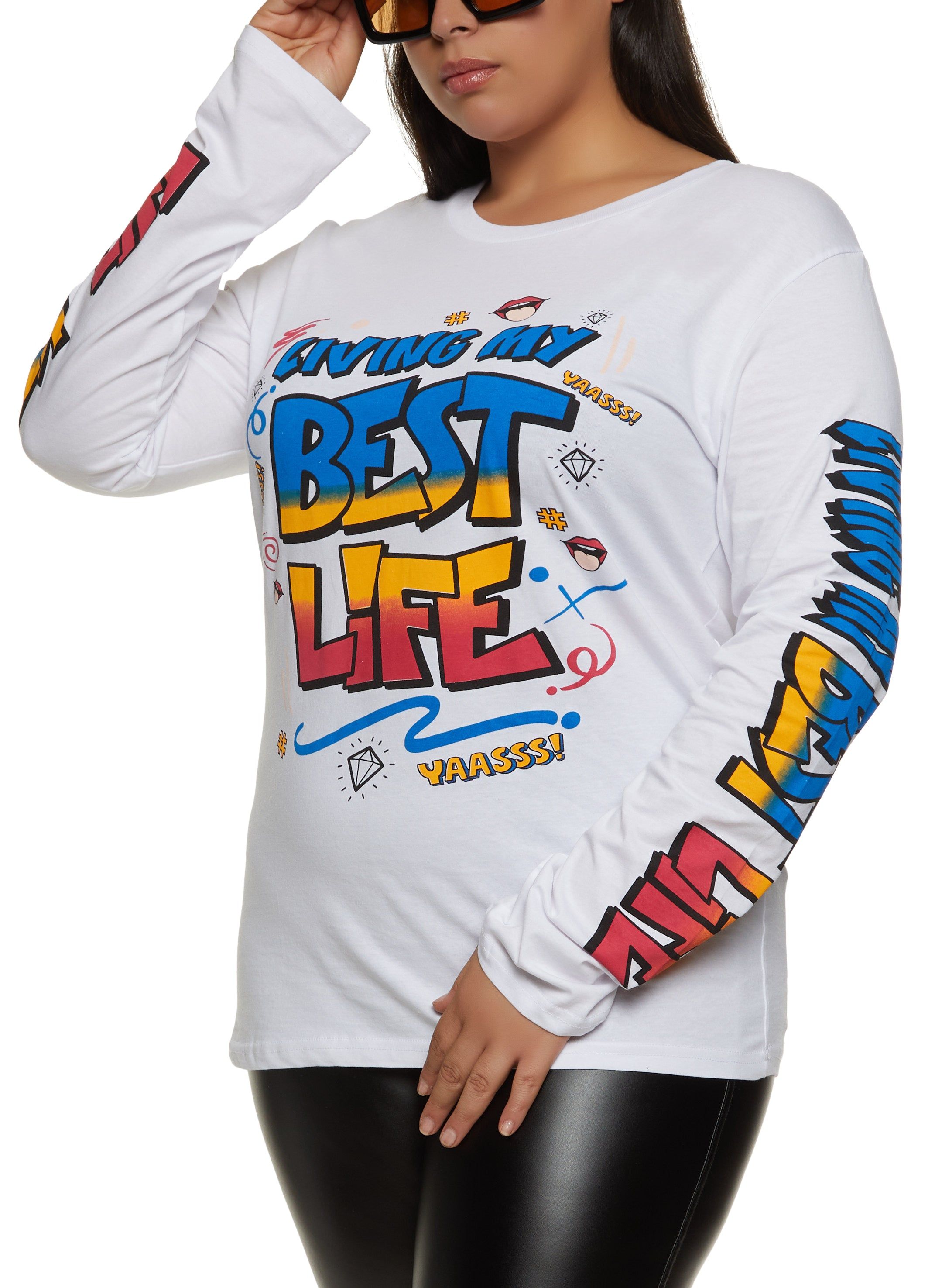 Plus Size Living My Best Life Long Sleeve Graphic Tee sold by Rainbow