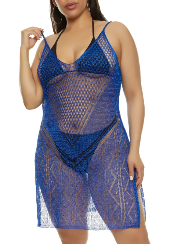 Plus Size Lurex Fishnet Detail Swim Cover Up Dress sold by Rainbow