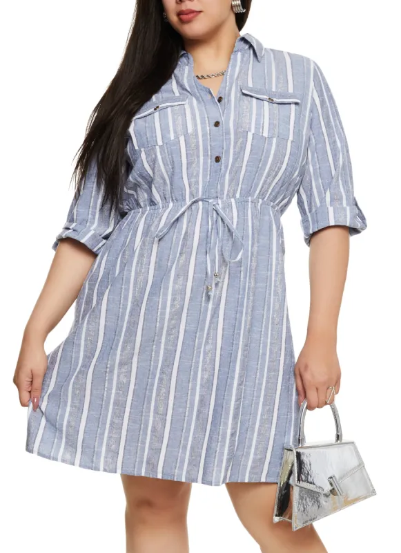 Plus Size Striped Quarter Sleeve Half Button Dress sold by Rainbow