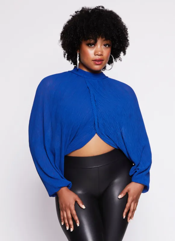 Plus Size Chiffon Mock Neck Long Sleeve Crop Top sold by Rainbow