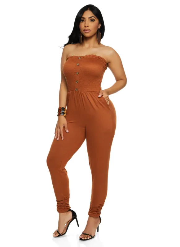 Smocked Faux Button Strapless Tube Jumpsuit sold by Rainbow