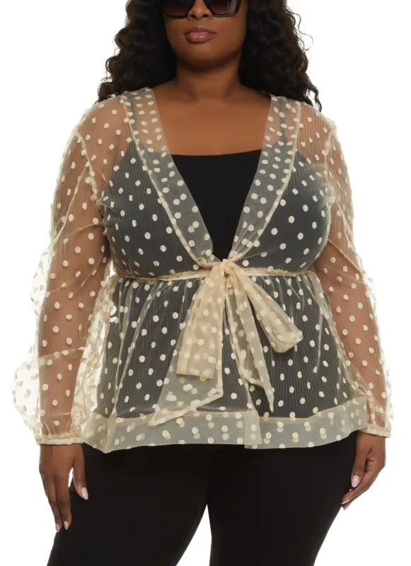 Plus Size Polka Dot Lace Tie Waist Blouse sold by Rainbow