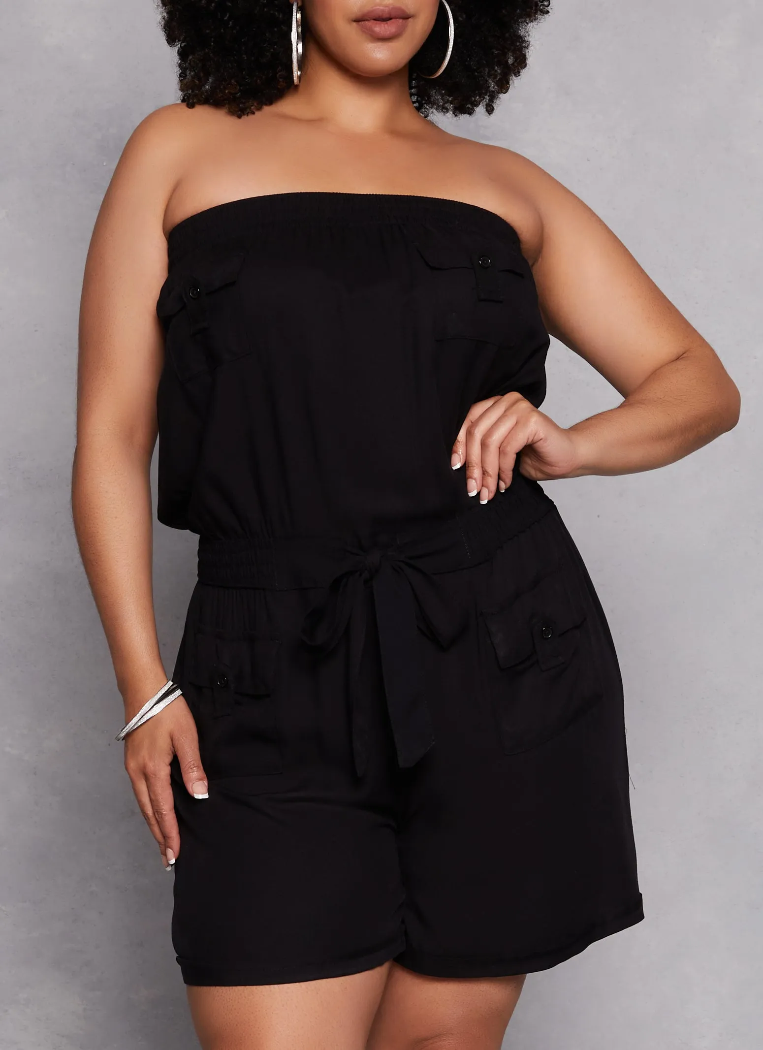 Plus Size Strapless Tie Waist Utility Romper sold by Rainbow