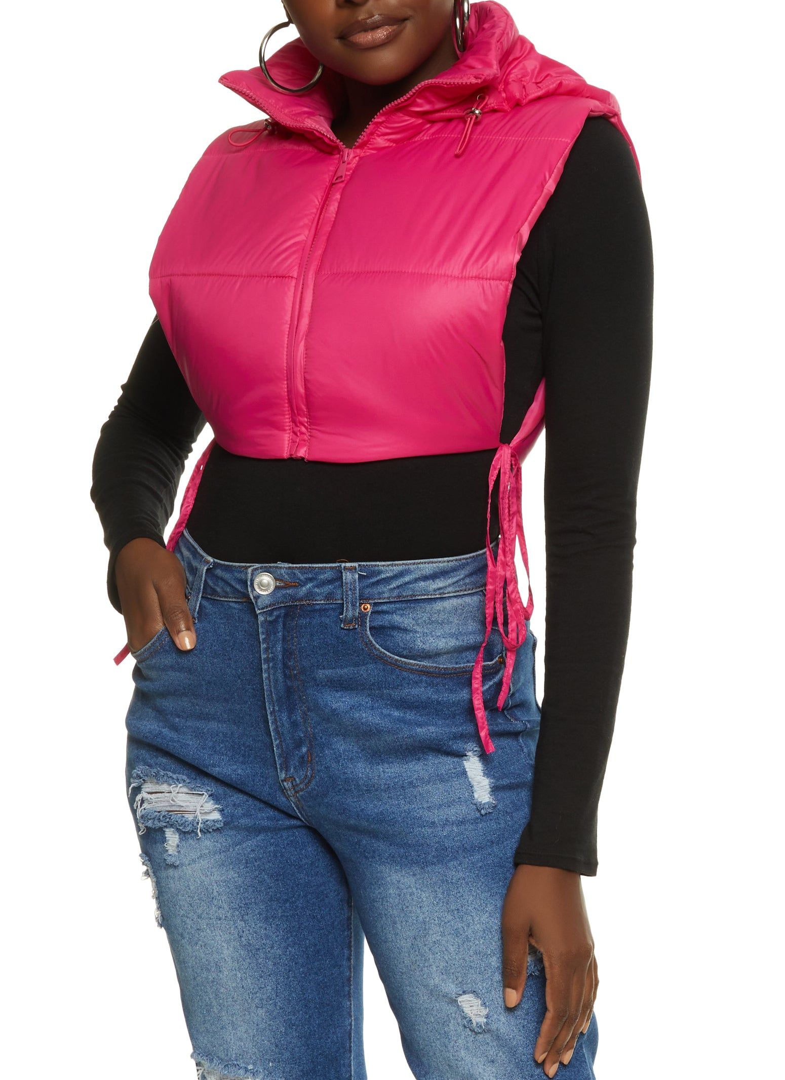 Side Tie Cropped Hooded Puffer Vest sold by Rainbow