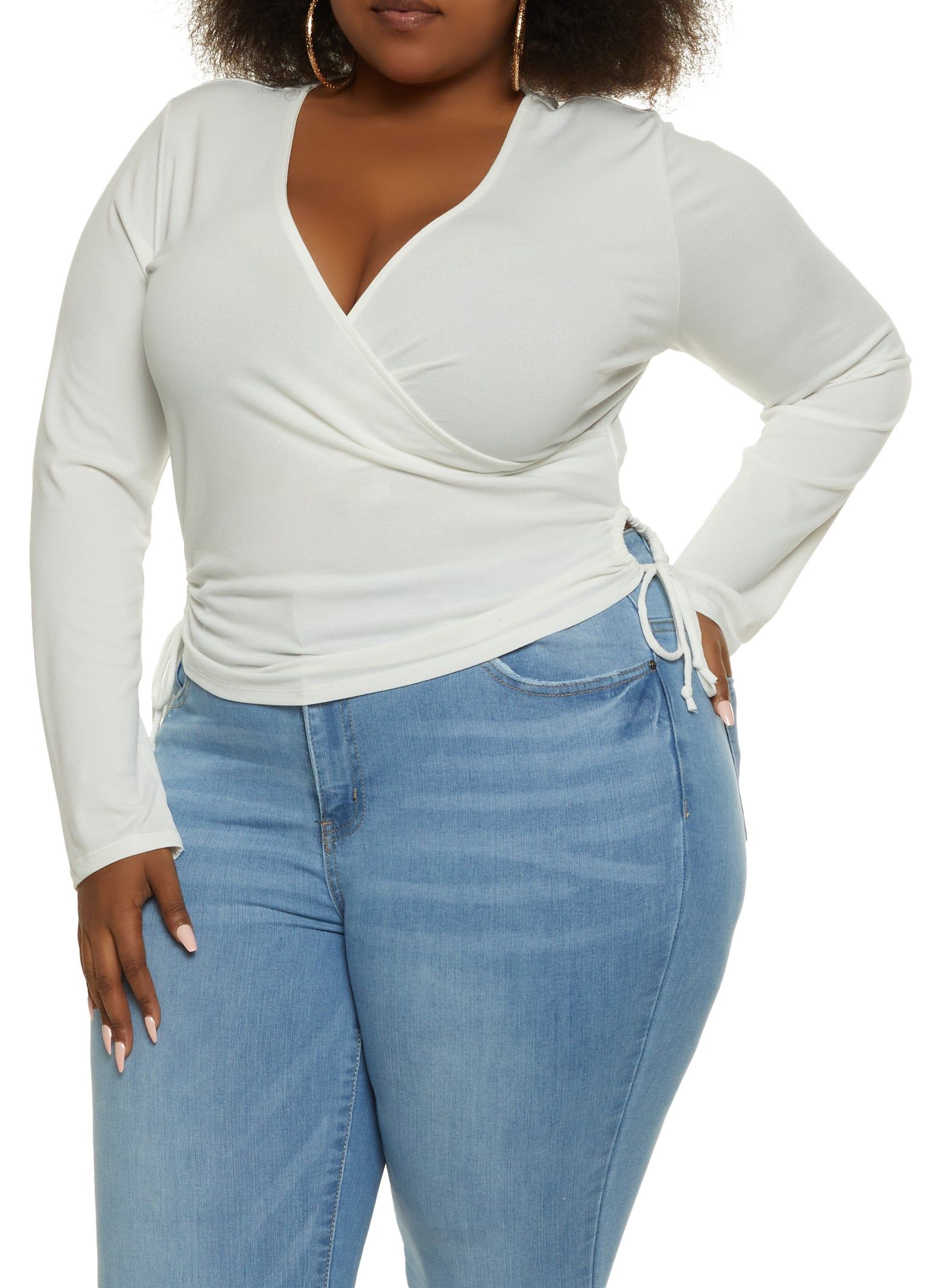 Plus Size Faux Wrap Keyhole Ruched Side Top sold by Rainbow