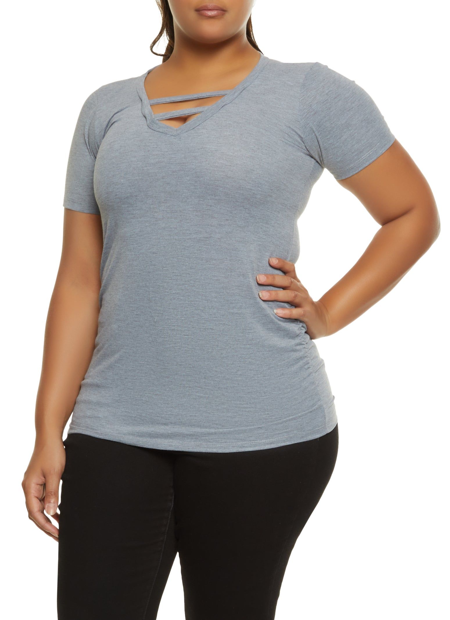 Plus Size Ruched Caged V Neck Tee sold by Rainbow