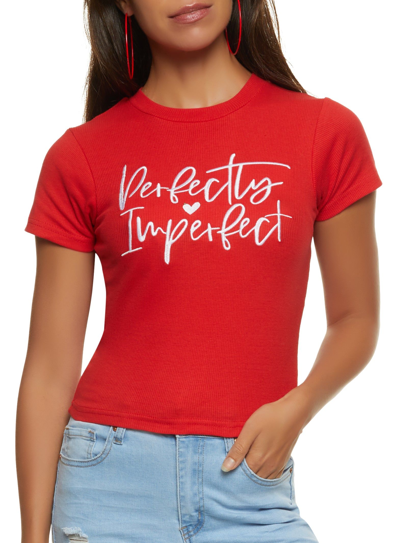 Perfectly Imperfect Embroidered Graphic Tee sold by Rainbow