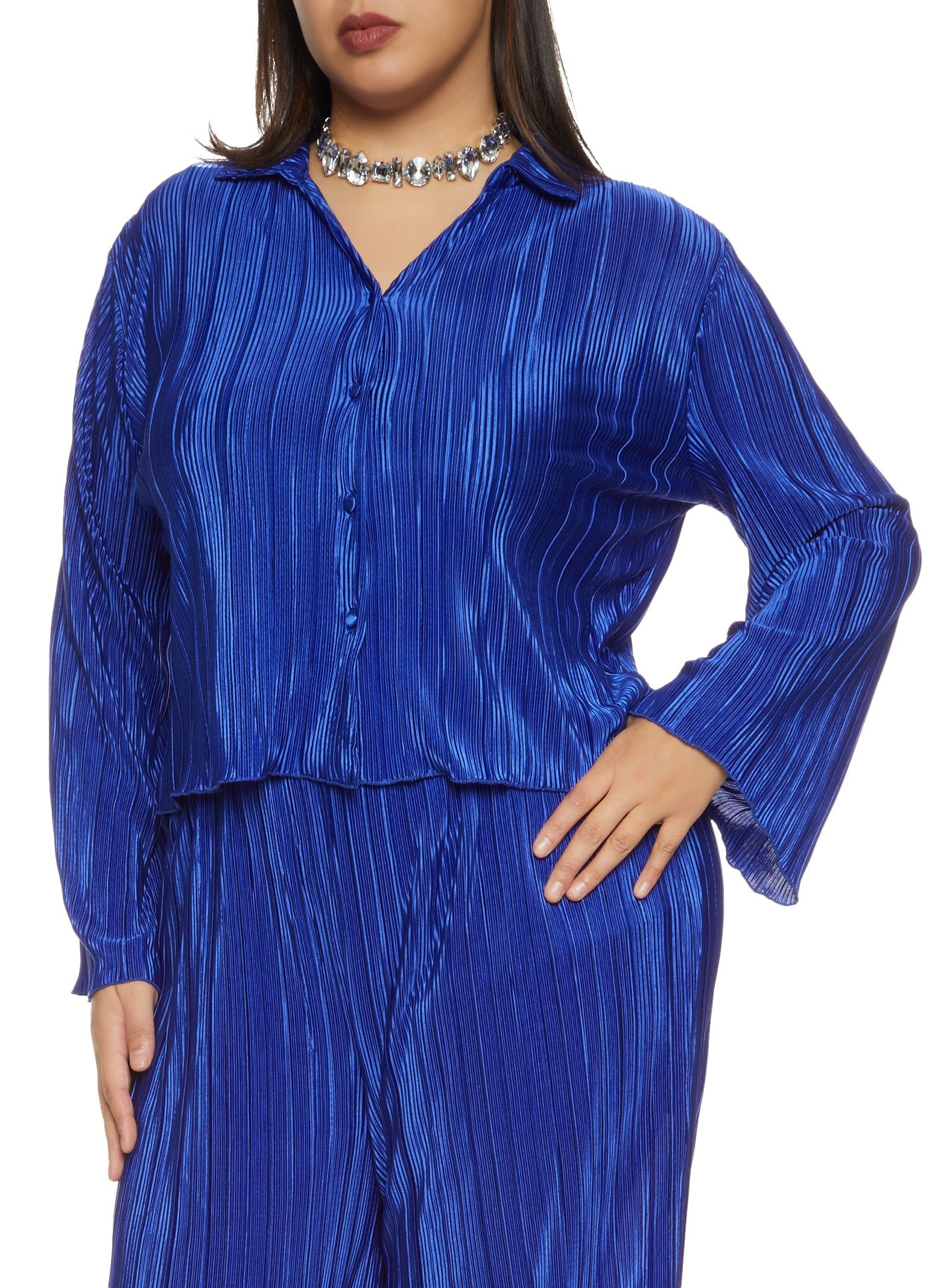 Plus Size Plisse Button Front Top sold by Rainbow