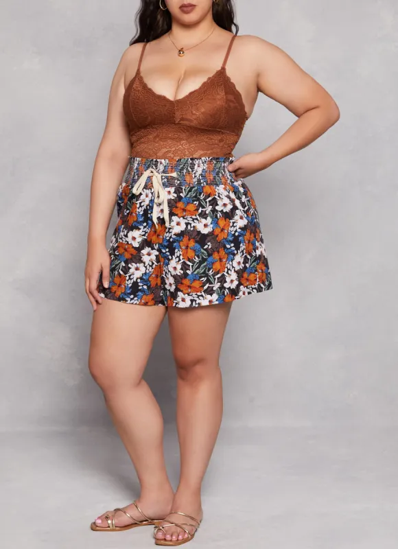 Plus Size Linen Floral Print Smocked Faux Drawstring Shorts sold by Rainbow