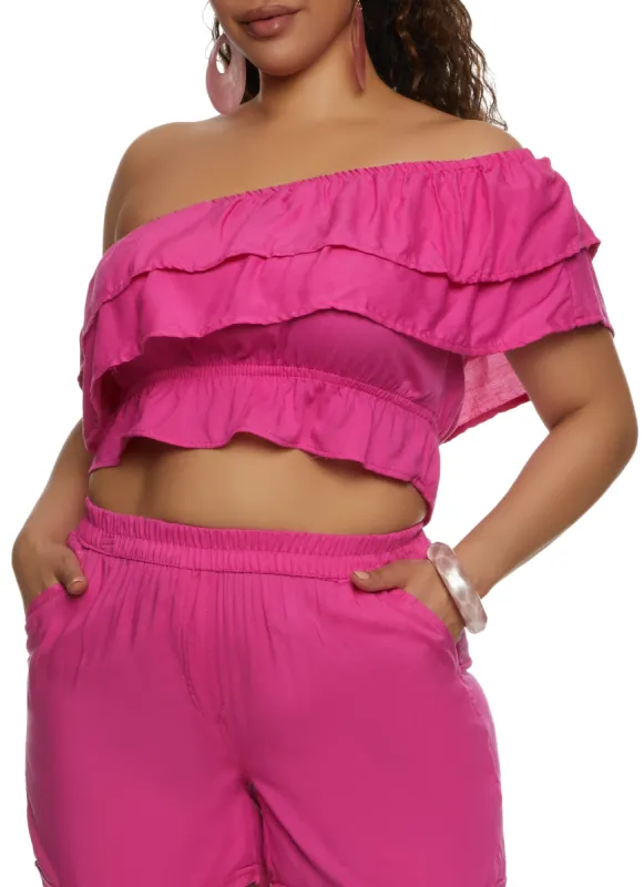Plus Size Tiered Ruffled One Shoulder Crop Top sold by Rainbow