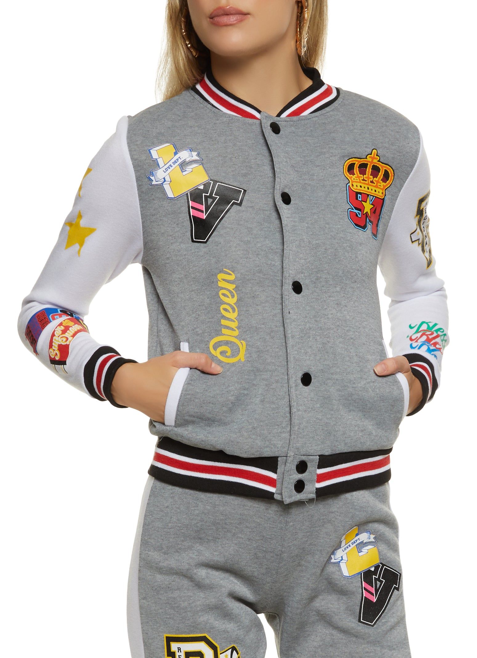Fleece Queen Graphic Varsity Jacket sold by Rainbow