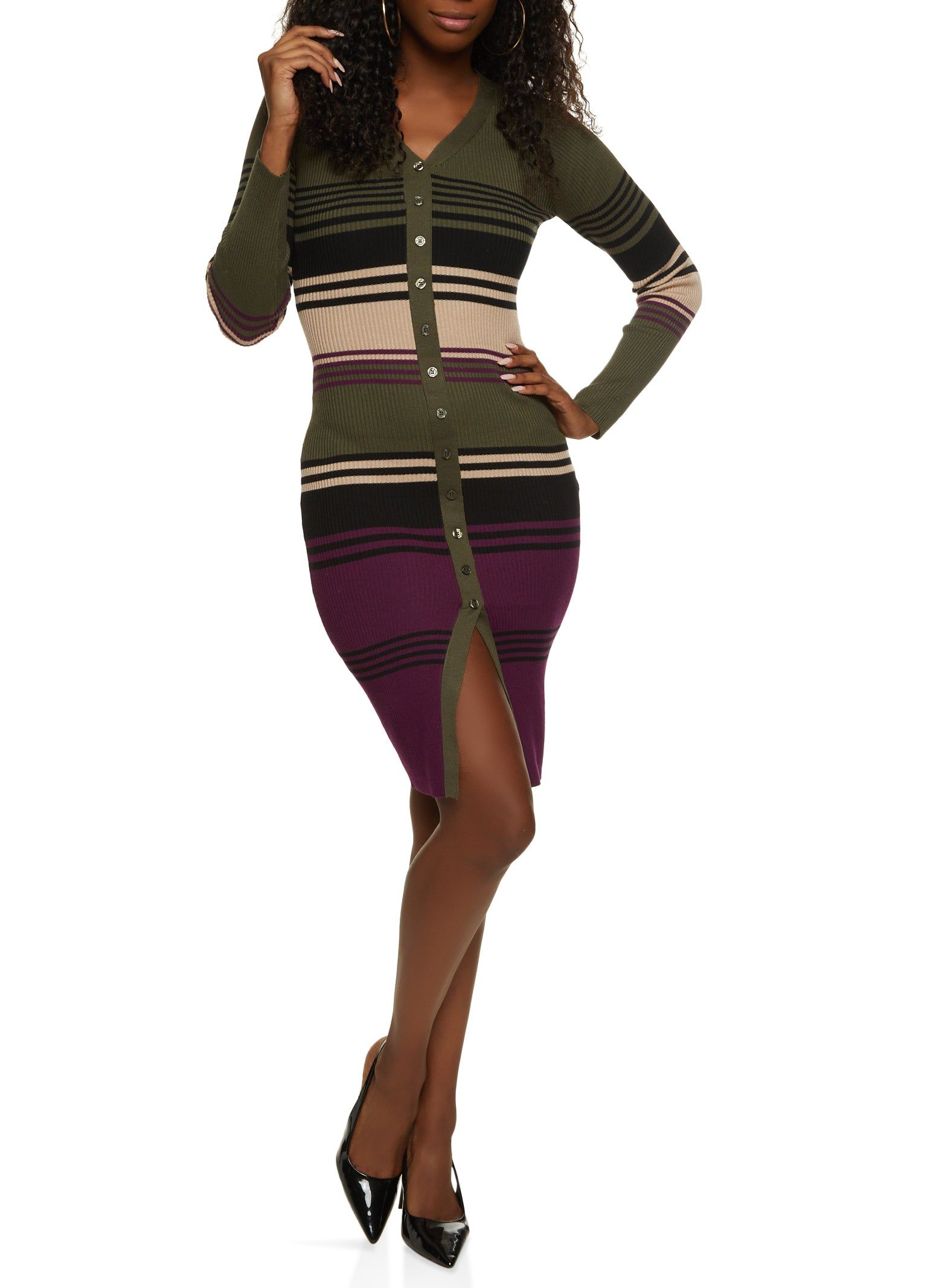Striped Faux Button Front Midi Sweater Dress sold by Rainbow product image thumbnail 2