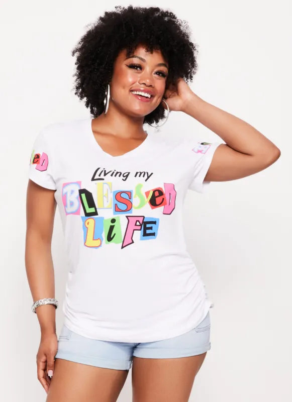 Plus Size Living My Best Life Ruched Graphic Tee sold by Rainbow