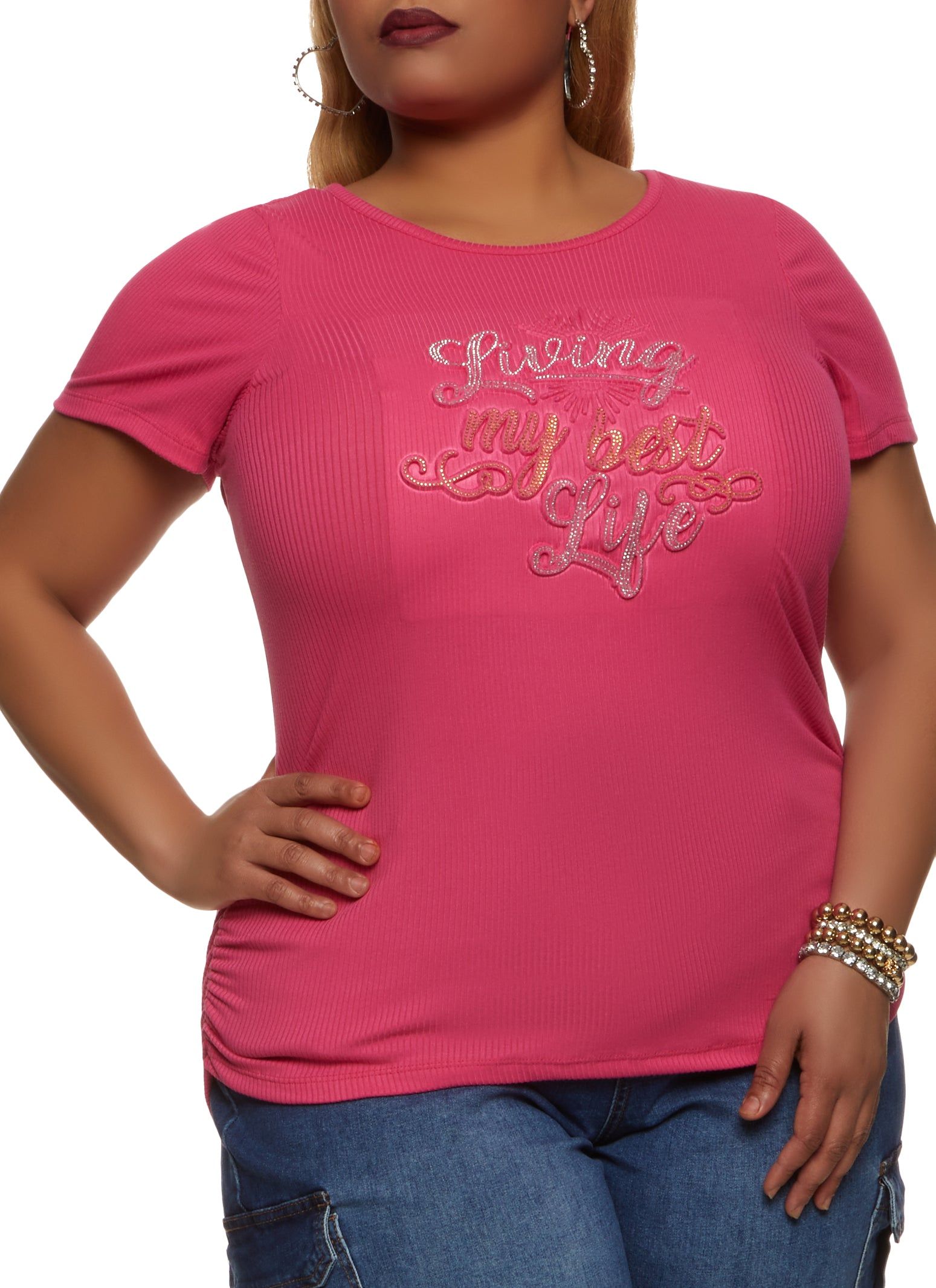 Plus Size Rhinestone Living My Best Life Tee sold by Rainbow