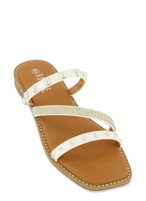 Rhinestone Studded Asymmetrical Strap Slide Sandals sold by Rainbow
