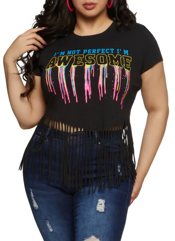 Plus Size Im Not Perfect Im Awesome Fringe Hem Graphic Tee sold by Rainbow