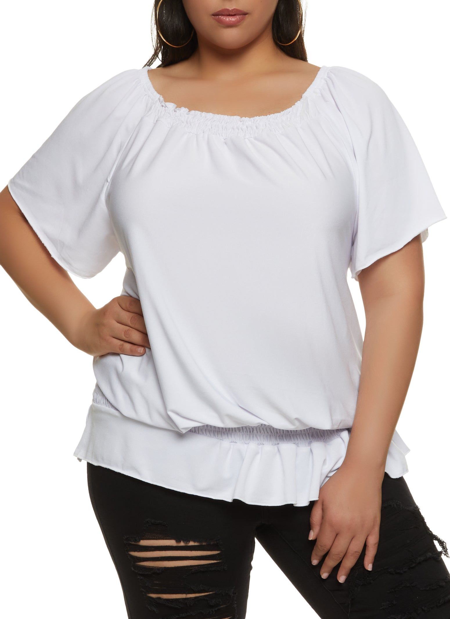 Plus Size Square Neck Smocked Waist Blouse sold by Rainbow