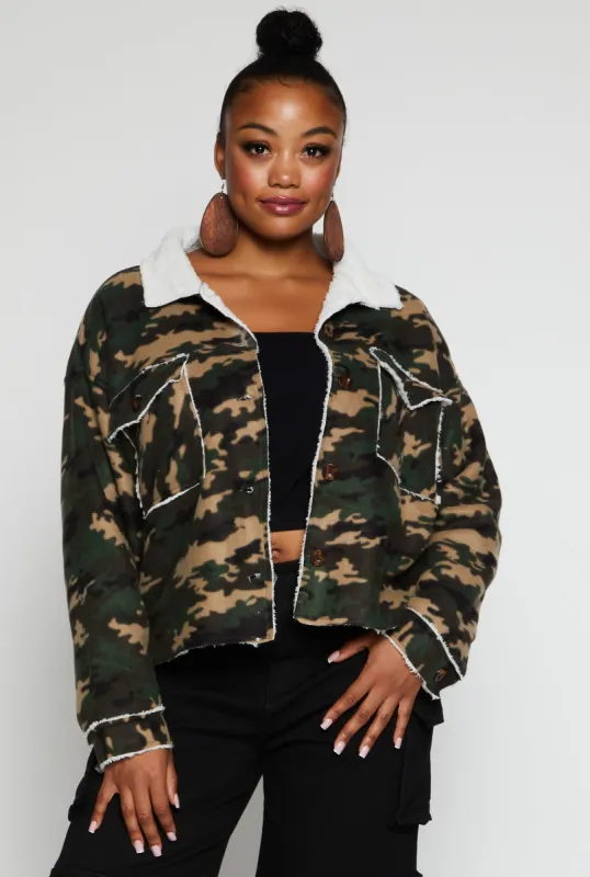 Plus Size Sherpa Lined Camo Shacket sold by Rainbow