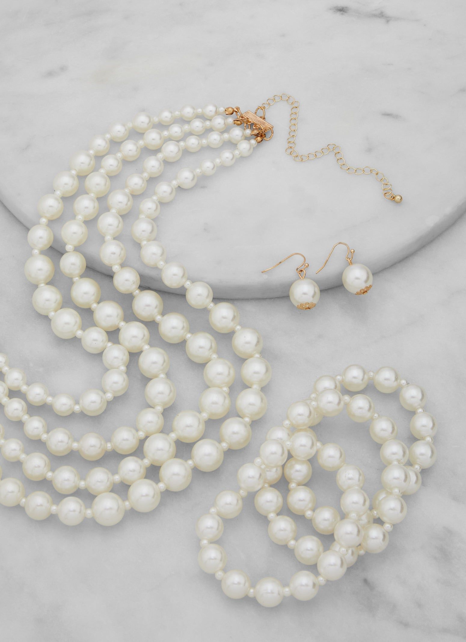 Layered Faux Pearl Necklace and Earrings with Bracelets Set sold by Rainbow