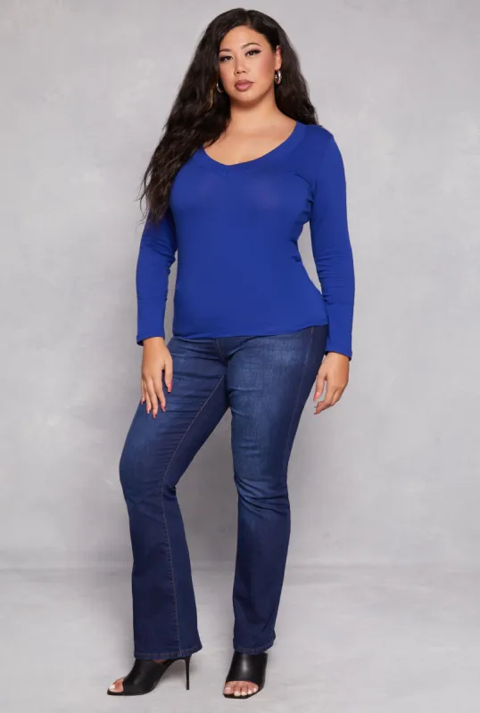 Plus Size Solid V Neck Long Sleeve Tee sold by Rainbow