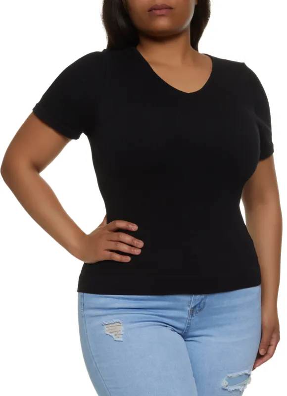 Plus Size Seamless Ribbed Knit V Neck Tee sold by Rainbow