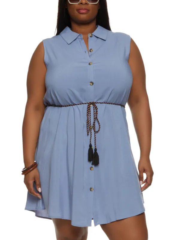 Plus Size Sleeveless Tie Waist Shirt Dress sold by Rainbow