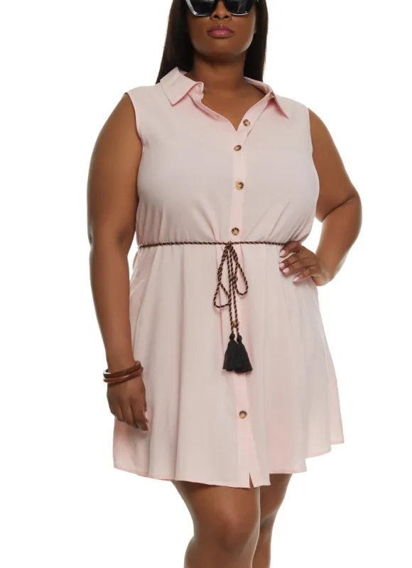 Plus Size Sleeveless Tie Waist Shirt Dress sold by Rainbow