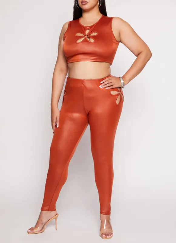 Plus Size Leather Look Flower Keyhole Leggings sold by Rainbow