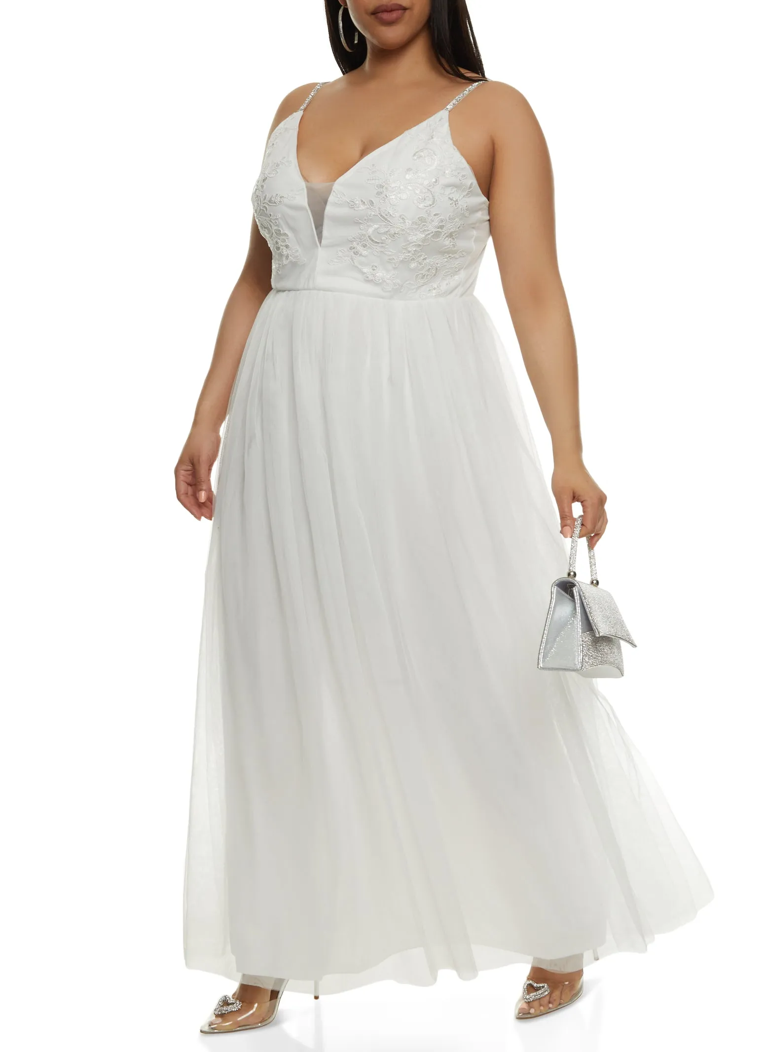 Plus Size Haute Monde Lace Detail Plunge Tulle Maxi Dress sold by Rainbow