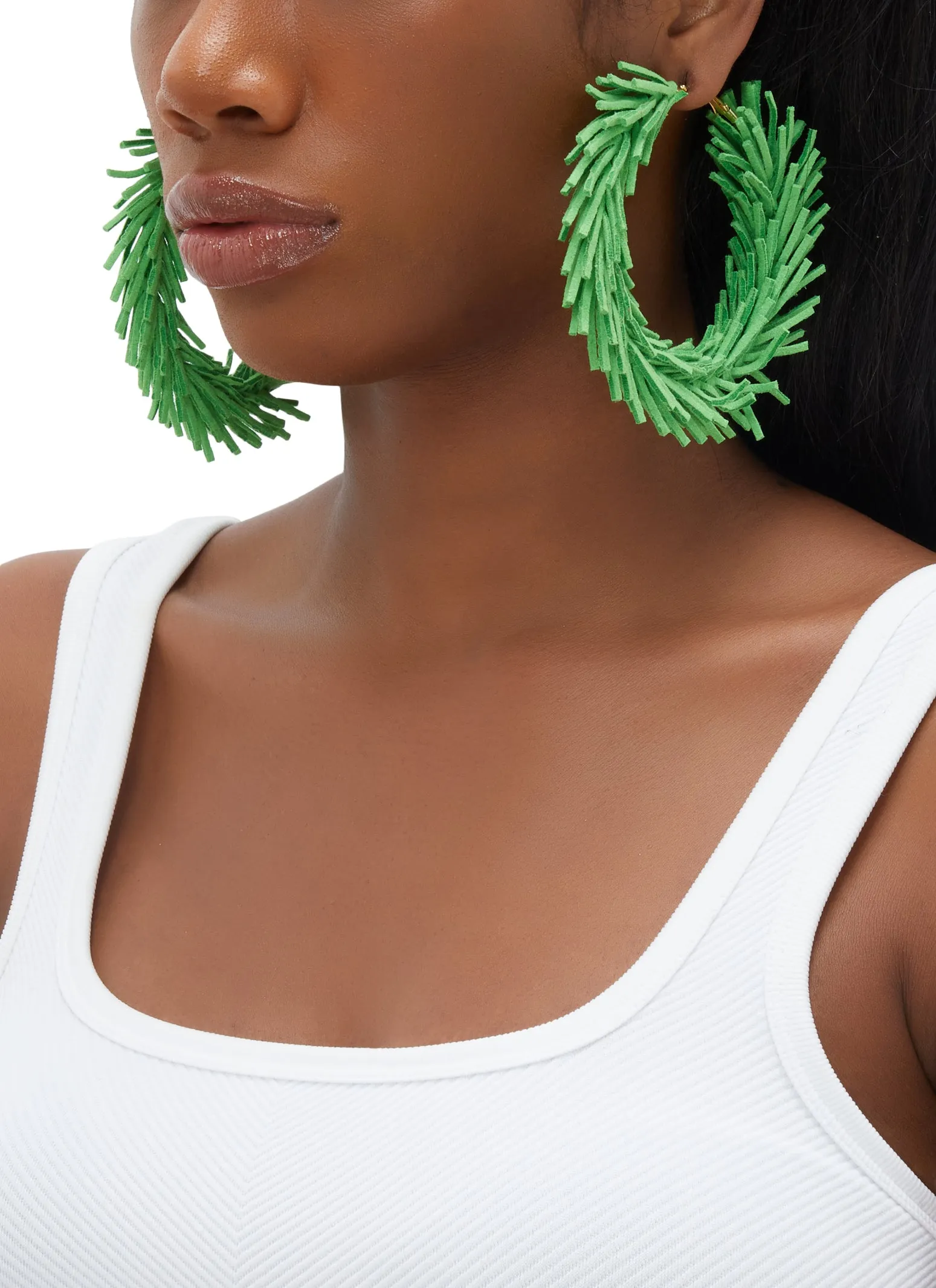 Faux Suede Fringe Hoop Earrings sold by Rainbow