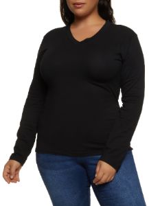 Plus Size Long Sleeve V Neck Basic Tee sold by Rainbow