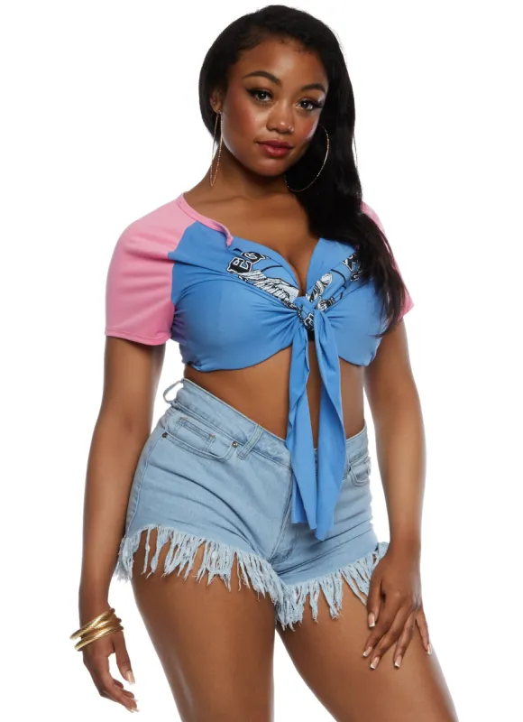 Plus Size Motorcycle Graphic Tie Front Crop Top sold by Rainbow