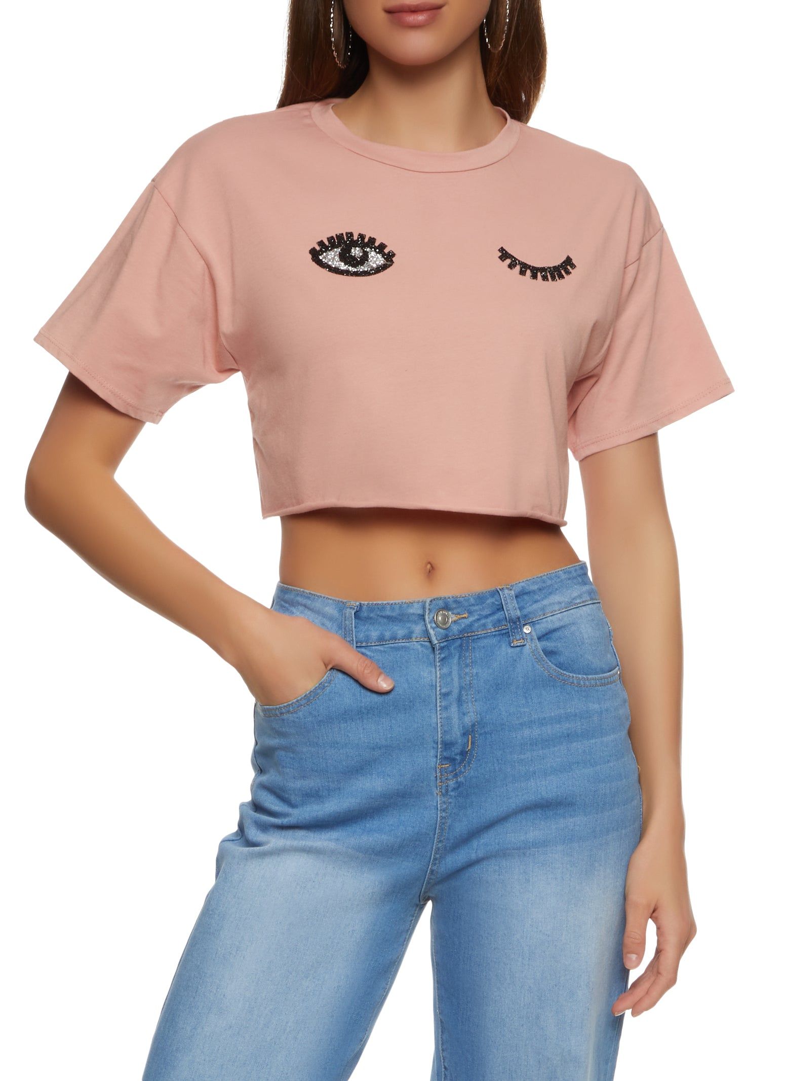 Wink Eyelash Rhinestone Cropped Graphic Tee sold by Rainbow