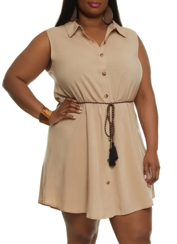 Plus Size Sleeveless Tie Waist Shirt Dress sold by Rainbow