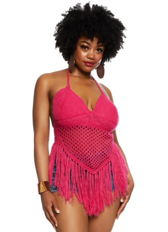 Plus Size Crochet Fringe Halter Top sold by Rainbow