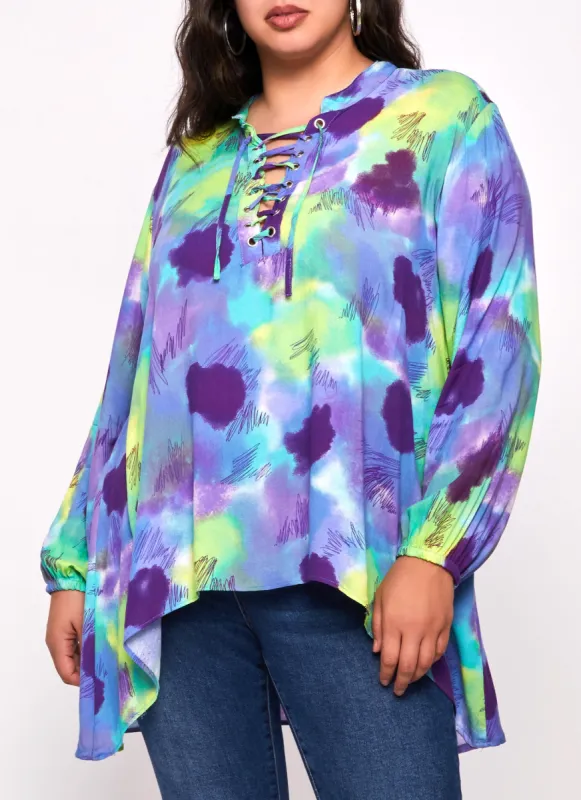Plus Size Printed Lace Up Notch Neck High Low Top sold by Rainbow