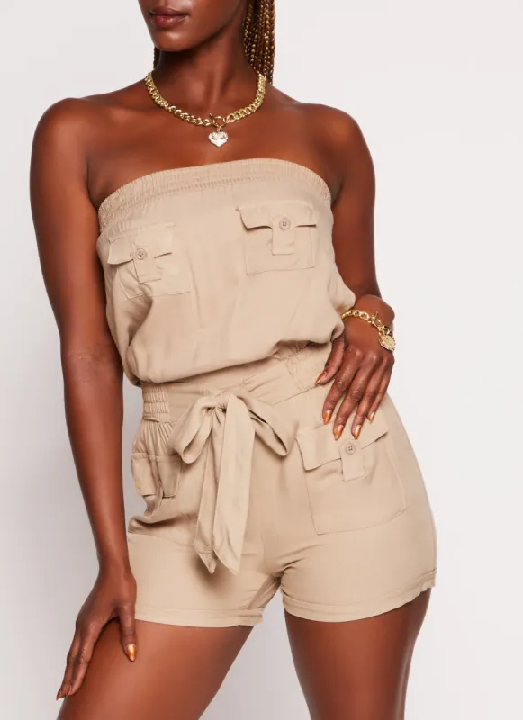 Strapless Tie Waist Utility Romper sold by Rainbow