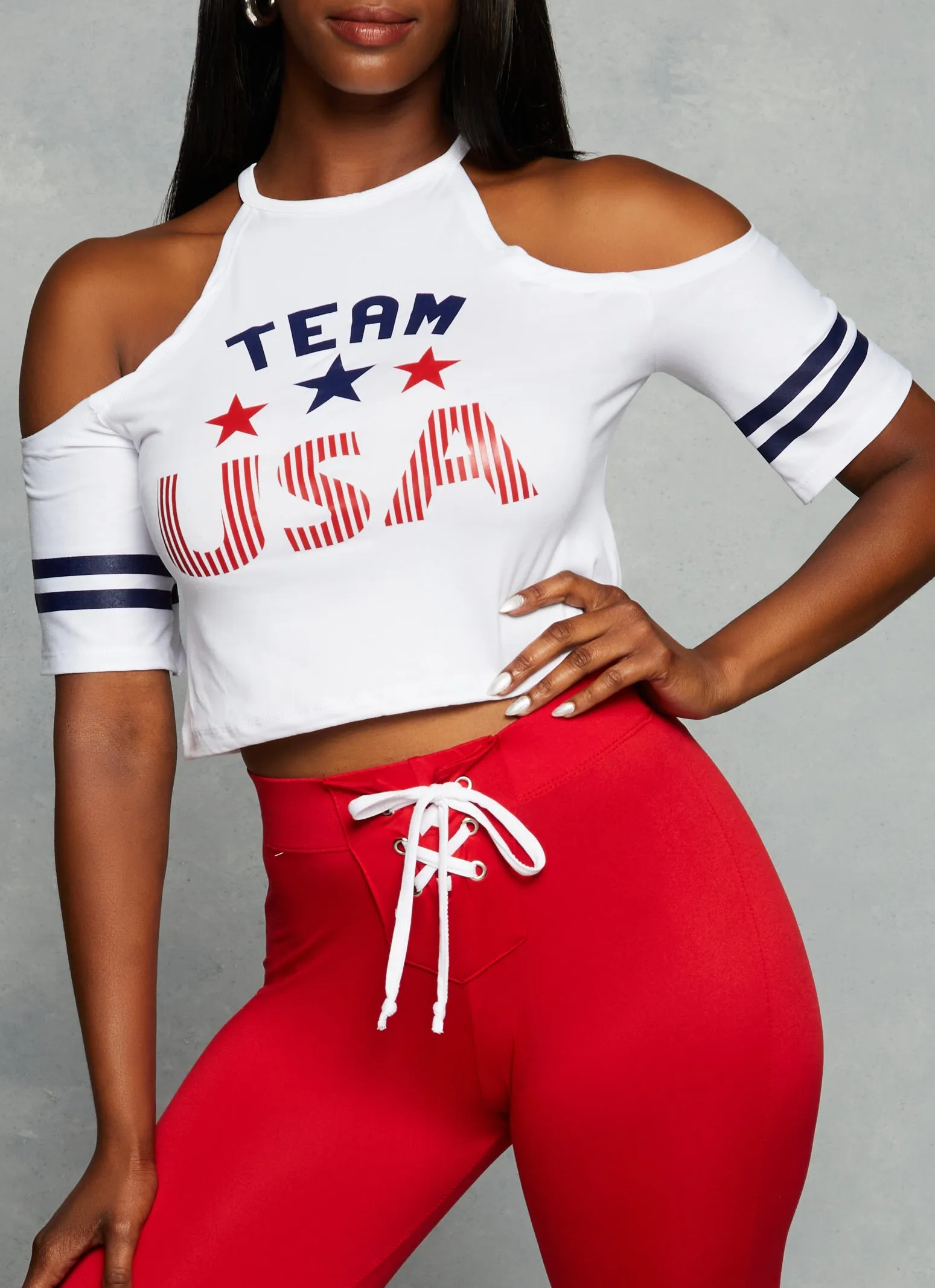 Team USA Cold Shoulder Crop Top sold by Rainbow