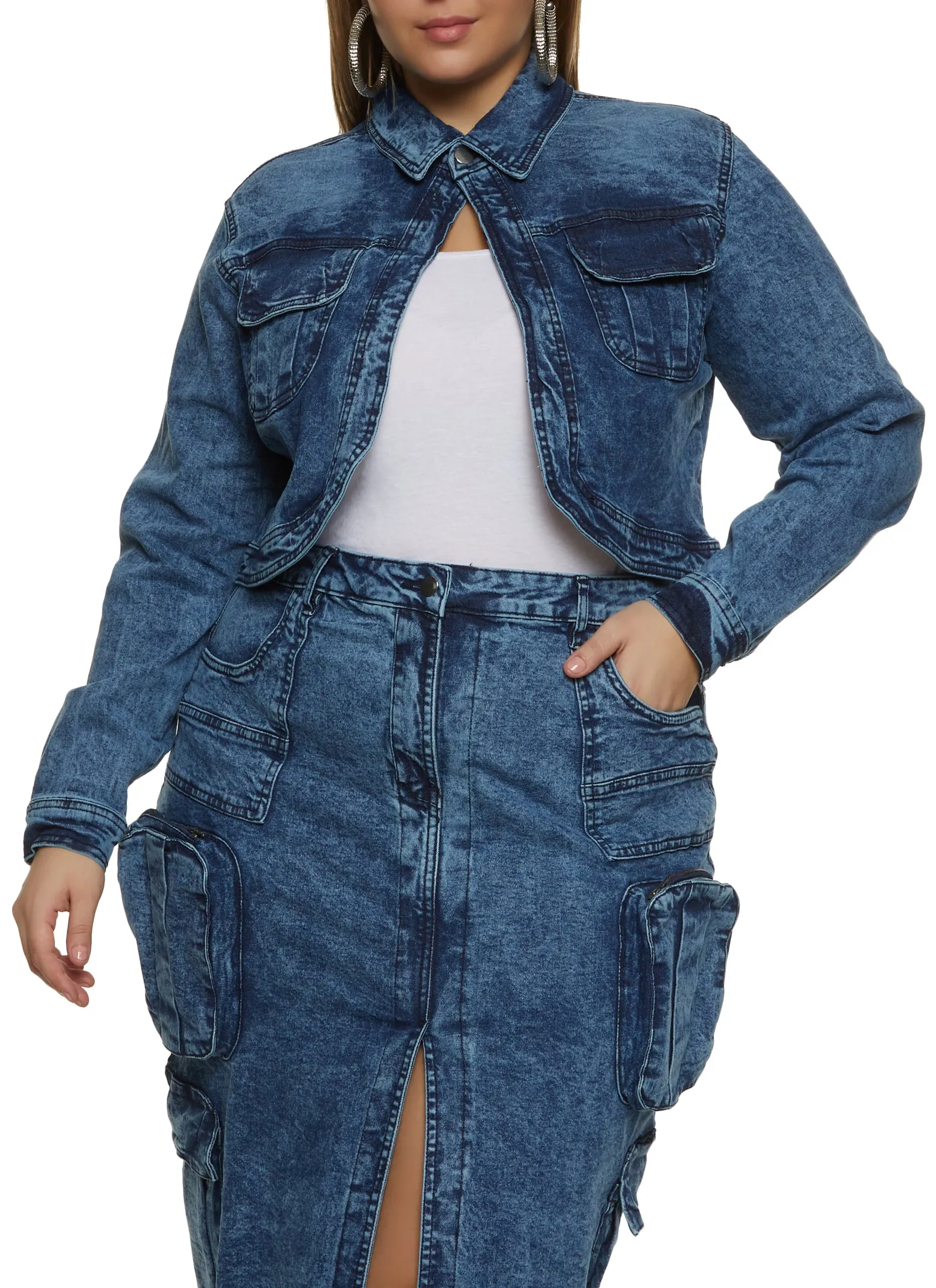 Plus Size Acid Wash One Button Denim Jacket sold by Rainbow