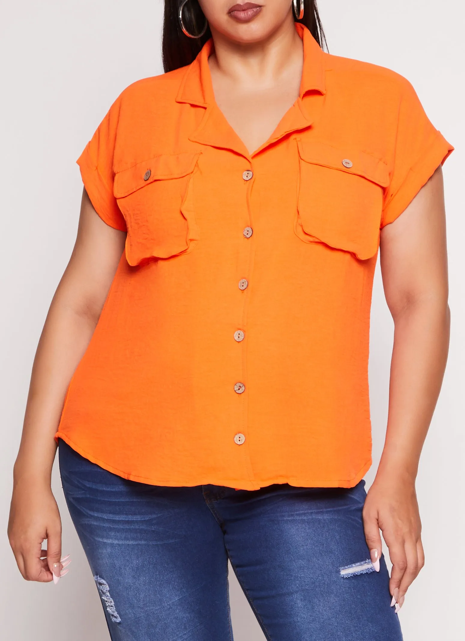 Plus Size Airy Flap Pocket Shirt sold by Rainbow